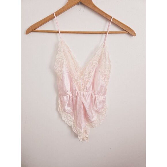 Ms. Leslee Other - Vintage Teddy Lingerie Silky Satin Lace Pink Ms Leslee V-Neck Bodysuit L Large